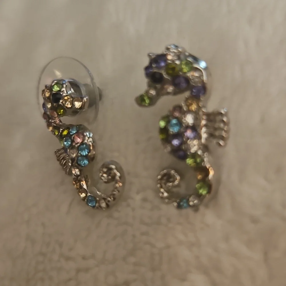 3/$30 Pastel Paved Rhinestone Seahorse Post Earrings